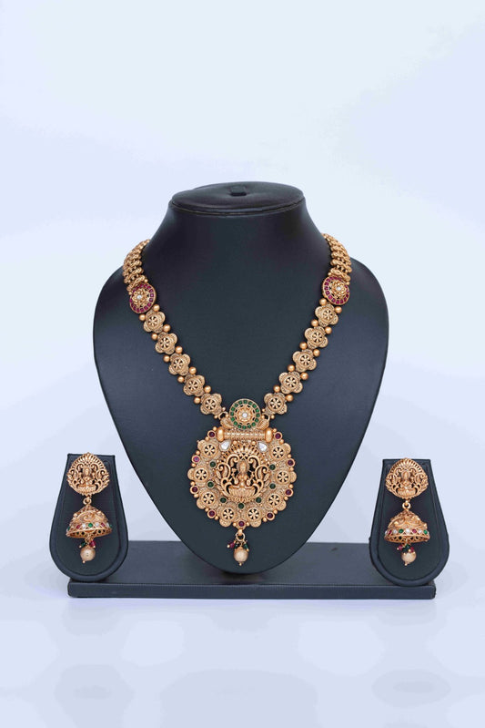 Temple Design Copper-Finished Stone-Studded Lakshmi Pendant with Chain Z/008