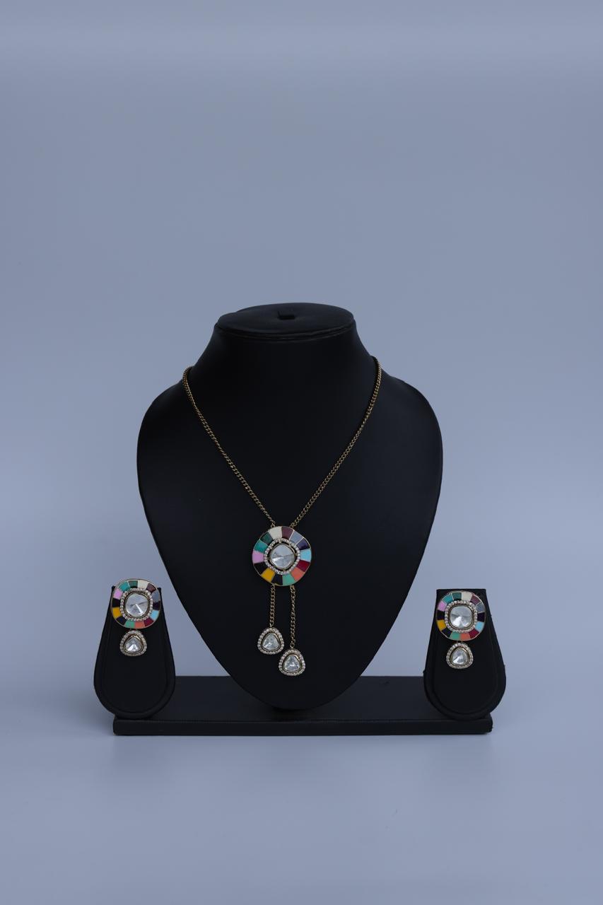 Rainbow enamel pendant necklace with kundan works