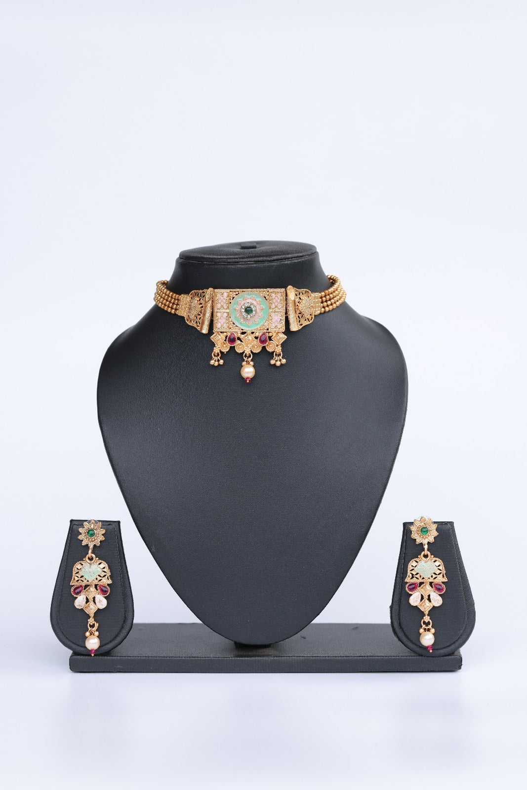 Copper-Finished Stone-Studded Meenakari Choker Set Z/014