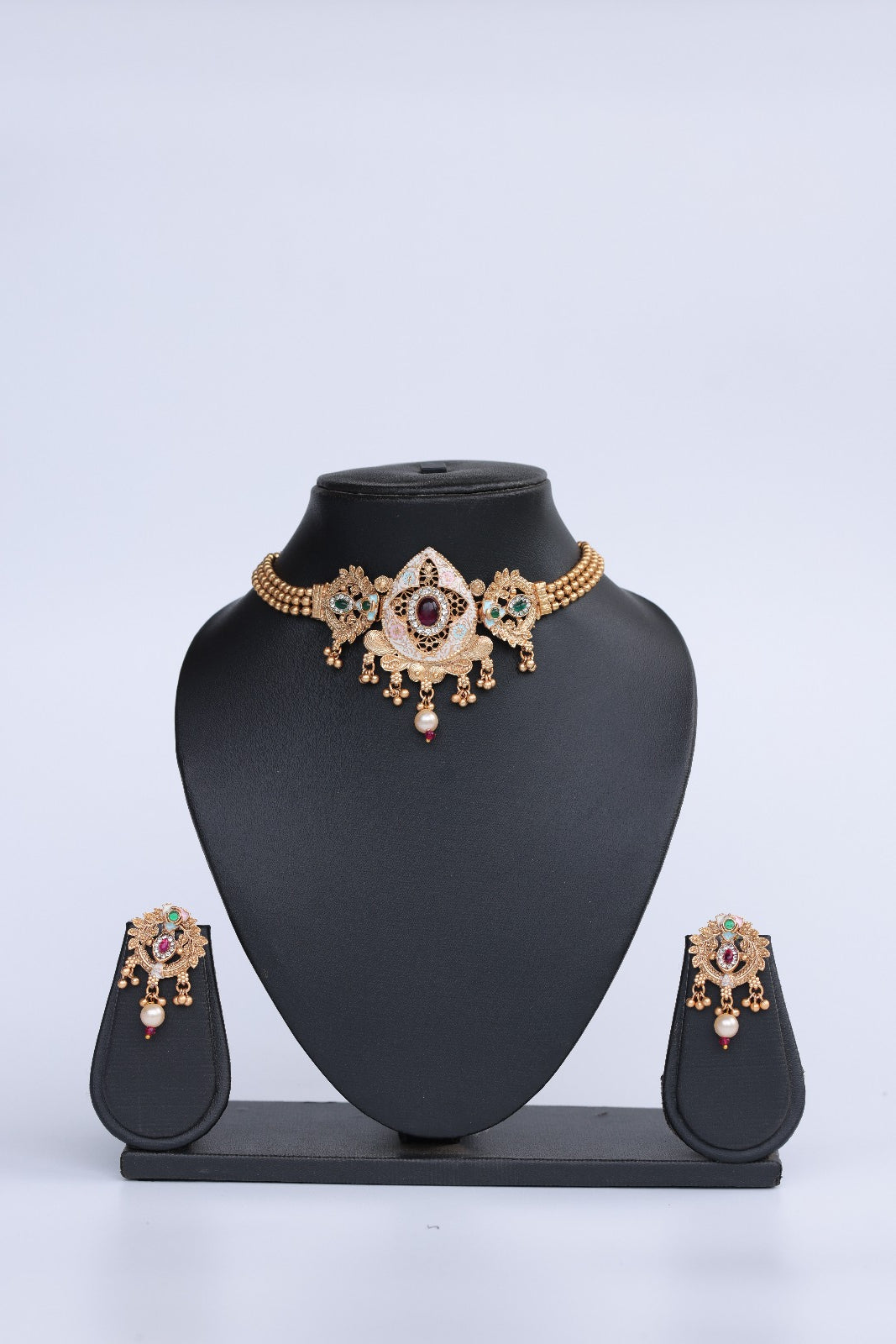 Copper-Finished Stone-Studded Meenakari Choker Set.