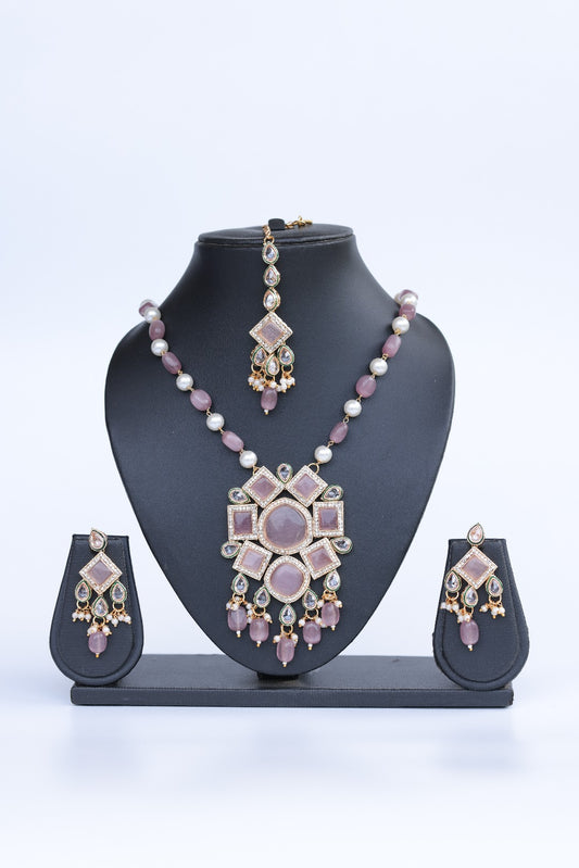 Elegant Polki Kundan Pastel Pink Monalisa Beads Haram