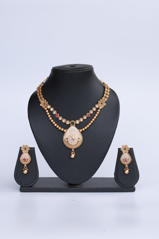 Copper-Finished Double-Layer Necklace Set with Meenakari Work Z/012