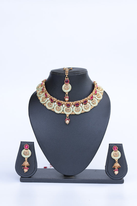 Copper-Finished Pastel Green Meenakari Necklace Set with Stone Embellishments Z/0010